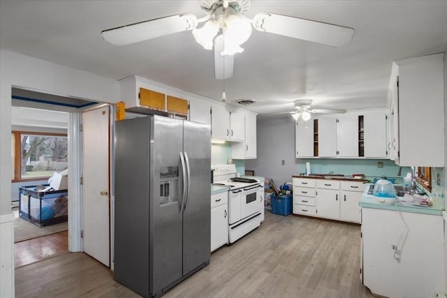 kitchen with white cabinetry, ceiling fan, stainless steel refrigerator with ice dispenser, white range with electric cooktop, and light hardwood / wood-style floors