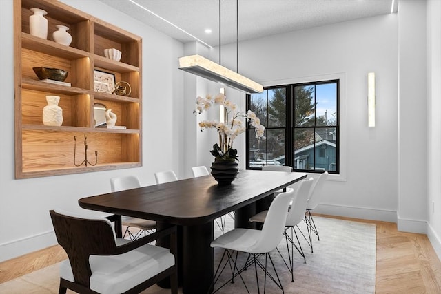 dining room featuring recessed lighting, baseboards, and light wood finished floors