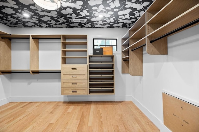 walk in closet with light wood-style floors