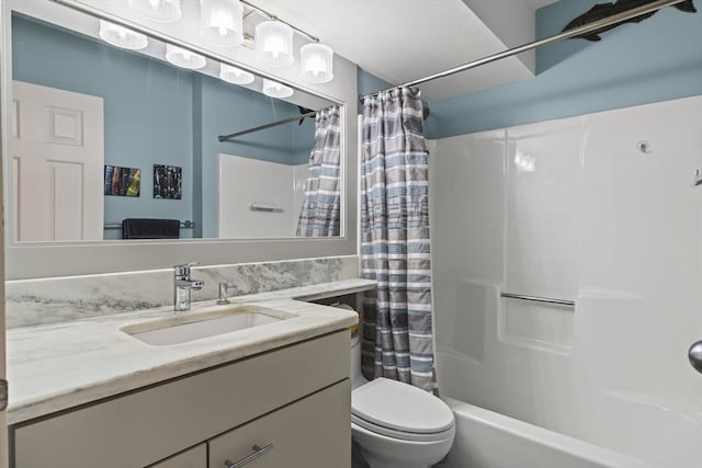 full bathroom with toilet, shower / bath combo with shower curtain, and vanity