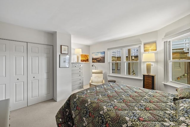 bedroom with a closet and light carpet