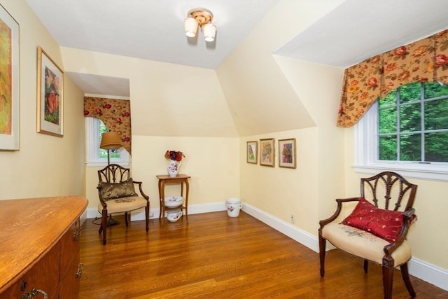 living area with vaulted ceiling and hardwood / wood-style flooring