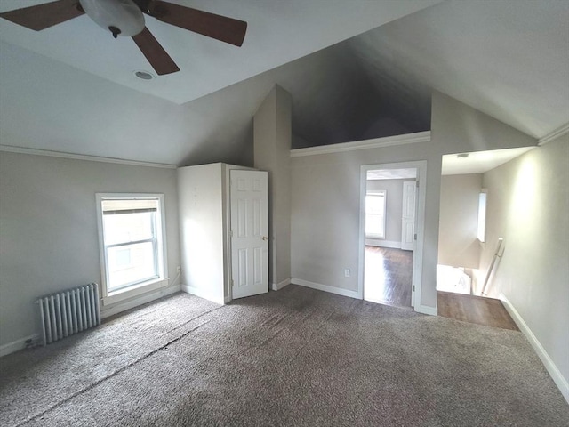 additional living space featuring ceiling fan, plenty of natural light, carpet floors, and radiator heating unit