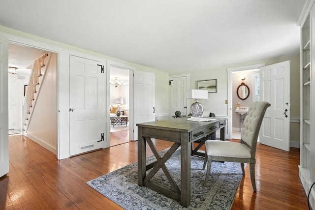 14 Wadsworth Ln, Duxbury, MA 02332 - office area featuring dark wood finished floors and a chandelier