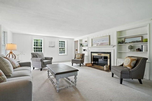 14 Wadsworth Ln, Duxbury, MA 02332 - living area featuring a fireplace with flush hearth, carpet flooring, and built in shelves