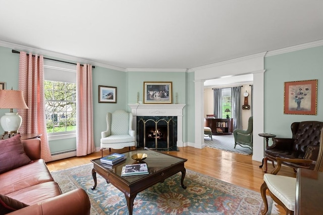 151 River Rd, West Newbury, MA 01985 - living area featuring ornamental molding, a baseboard heating unit, a warm lit fireplace, light wood-type flooring, and ornate columns