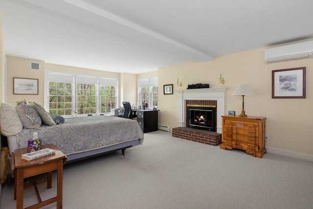 151 River Rd, West Newbury, MA 01985 - carpeted bedroom featuring a wall mounted AC, a baseboard radiator, a brick fireplace, baseboards, and beam ceiling