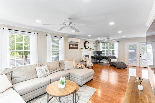 1380 Newman Ave, Seekonk, MA 02771 - living area with an AC wall unit, crown molding, ceiling fan, recessed lighting, and a fireplace