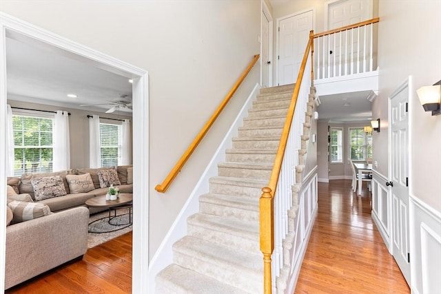 1380 Newman Ave, Seekonk, MA 02771 - stairway with wood finished floors, a ceiling fan, and recessed lighting
