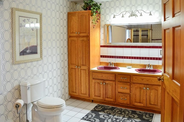 110 Mayflower Ridge Dr, Wareham, MA 02571 - bathroom featuring wallpapered walls, tile patterned floors, toilet, and double vanity