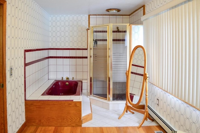 110 Mayflower Ridge Dr, Wareham, MA 02571 - bathroom with wallpapered walls, a baseboard heating unit, a shower stall, a garden tub, and tile patterned floors