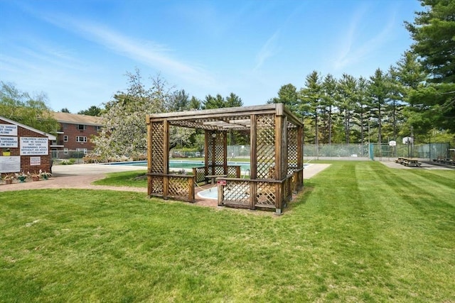 view of yard featuring a community pool and fence