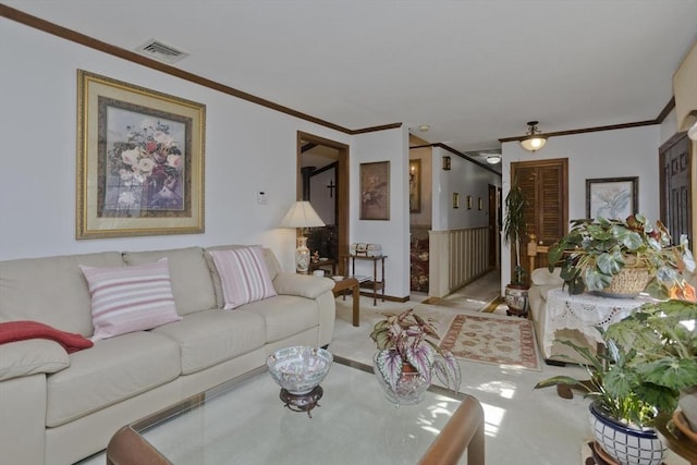 carpeted living area featuring visible vents and ornamental molding