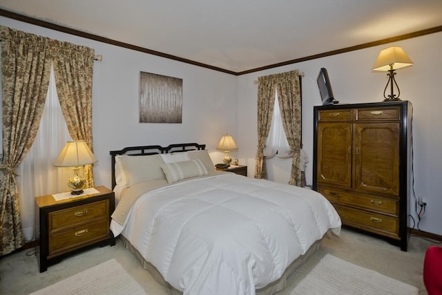 bedroom with light carpet and ornamental molding