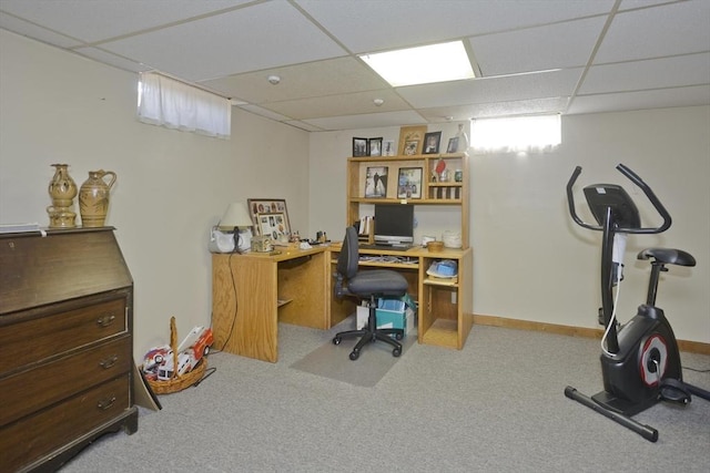 office area featuring carpet flooring, a paneled ceiling, and baseboards