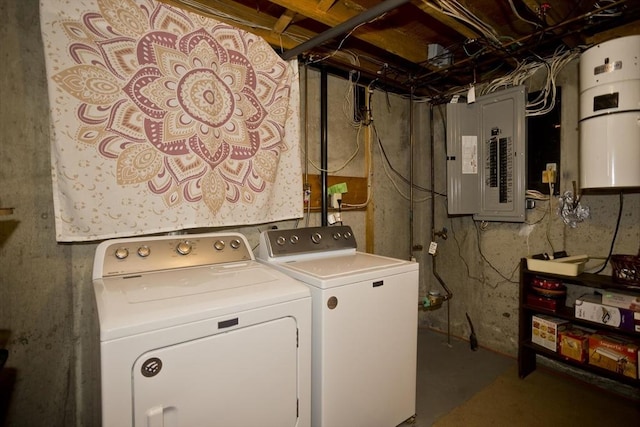 washroom with electric panel, laundry area, and independent washer and dryer