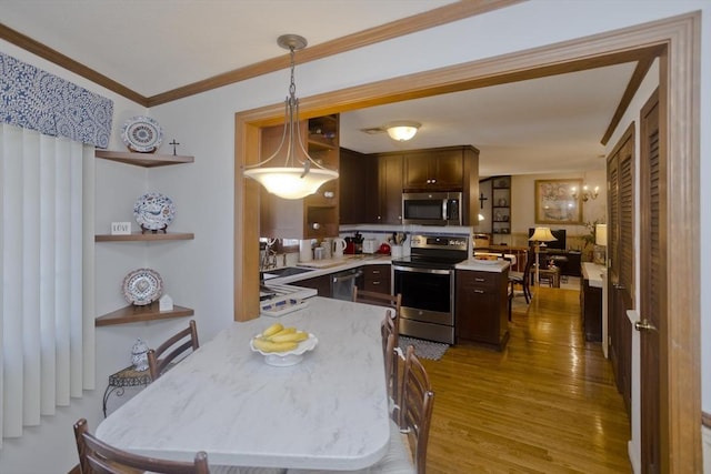 kitchen with dark brown cabinetry, light wood-style flooring, a peninsula, and stainless steel appliances