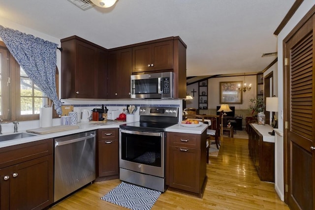 kitchen with visible vents, a sink, light wood-style floors, appliances with stainless steel finishes, and light countertops