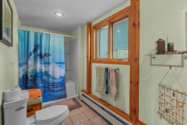 94 S Shore Rd, Burrillville, RI 02859 - bathroom with toilet, tile patterned flooring, shower / bath combo, and baseboard heating
