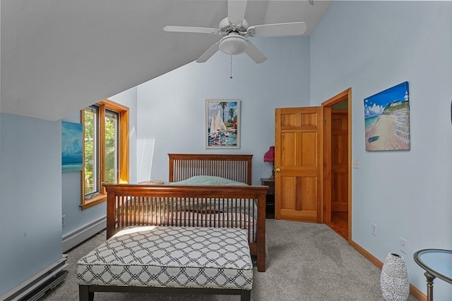 94 S Shore Rd, Burrillville, RI 02859 - carpeted bedroom with a baseboard radiator, a baseboard heating unit, baseboards, lofted ceiling, and a ceiling fan