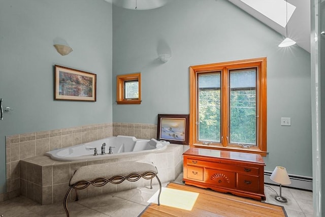94 S Shore Rd, Burrillville, RI 02859 - bathroom featuring a skylight, a bath, tile patterned flooring, baseboard heating, and high vaulted ceiling