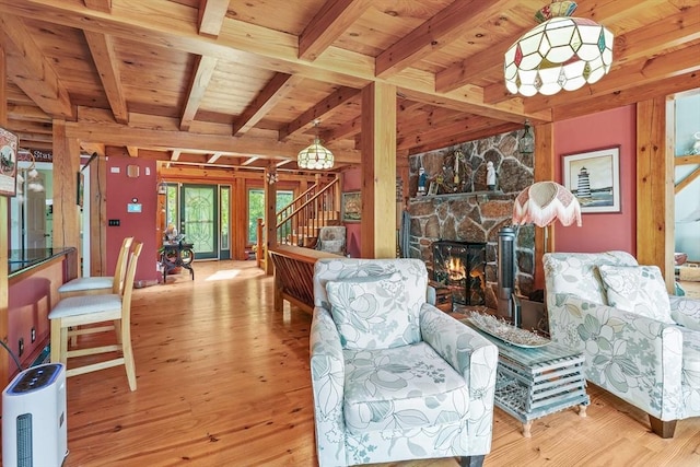 94 S Shore Rd, Burrillville, RI 02859 - living room featuring stairs, wood ceiling with exposed beams, a fireplace, and wood finished floors
