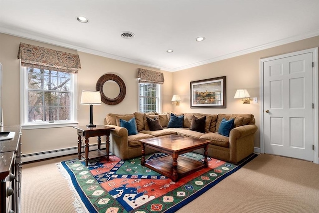 carpeted living area featuring recessed lighting, a baseboard radiator, visible vents, and crown molding