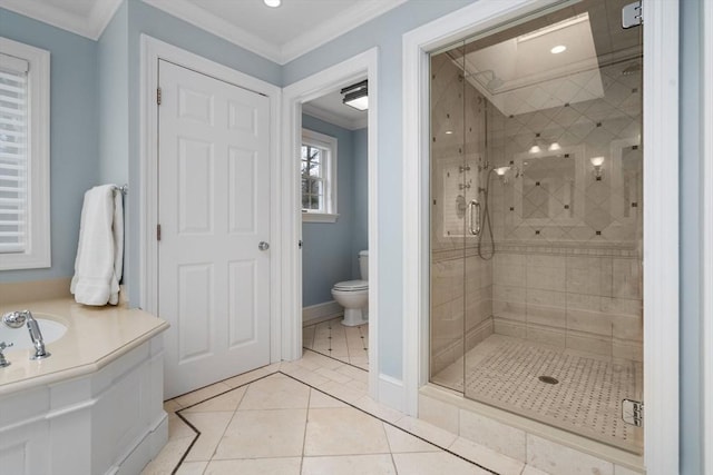 full bathroom with ornamental molding, tile patterned flooring, toilet, and a shower stall