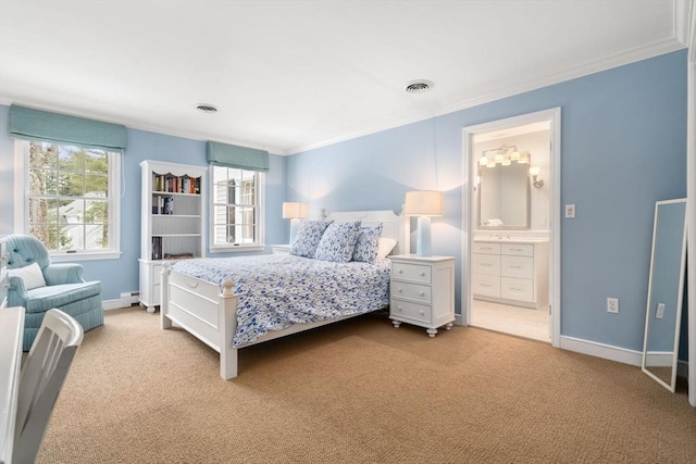 carpeted bedroom with visible vents, baseboards, and crown molding