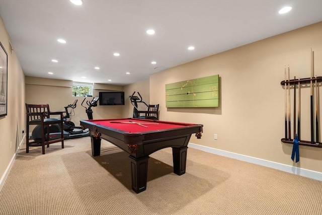 recreation room featuring light carpet, baseboards, and recessed lighting