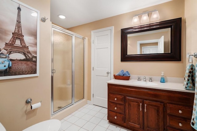 full bath featuring toilet, a shower stall, vanity, and tile patterned floors