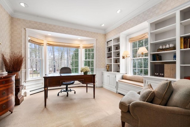 office area with light carpet, wallpapered walls, and a wealth of natural light