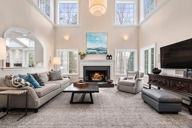 living area with a warm lit fireplace and a baseboard heating unit