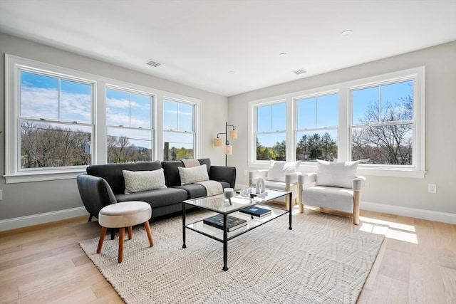 living room featuring a wealth of natural light and light wood-type flooring