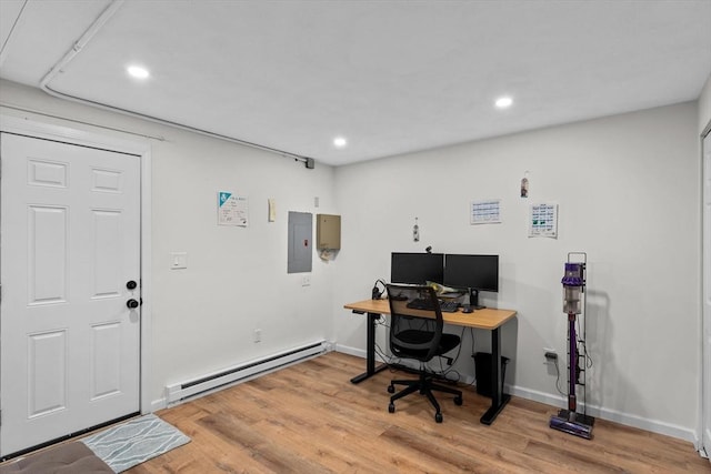 5257 Washington St Unit 5257, Boston, MA 02132 - office area with baseboard heating, wood finished floors, recessed lighting, electric panel, and baseboards