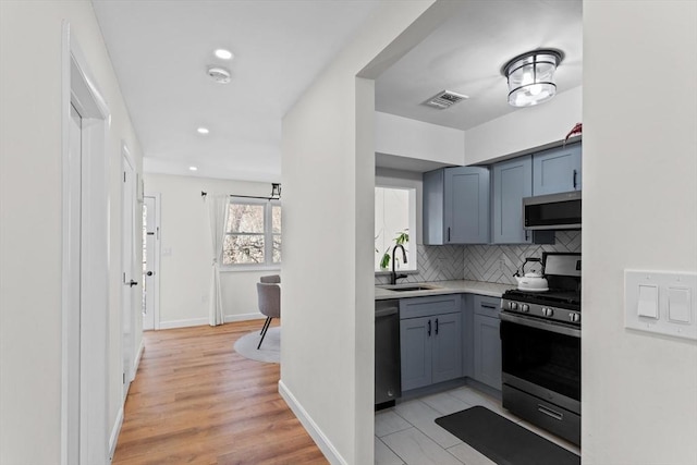 5257 Washington St Unit 5257, Boston, MA 02132 - kitchen with appliances with stainless steel finishes, a sink, light countertops, backsplash, and baseboards