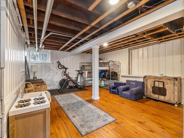 basement with wood finished floors