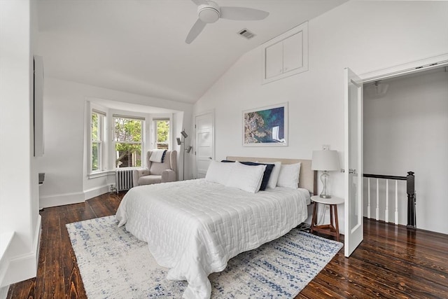 17 Atlantic St, Boston, MA 02127 - bedroom featuring radiator, baseboards, vaulted ceiling, wood-type flooring, and ceiling fan
