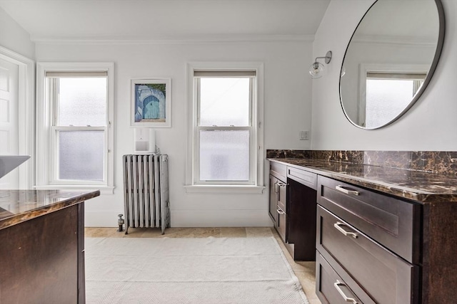 17 Atlantic St, Boston, MA 02127 - kitchen with radiator, dark brown cabinets, dark stone countertops, ornamental molding, and baseboards