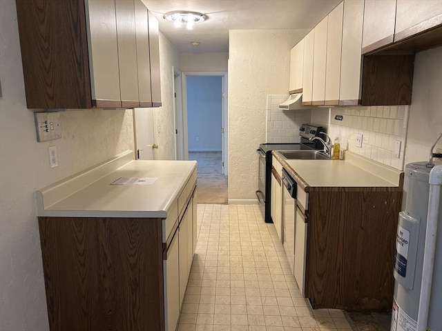 188 Swanson Rd Unit 331, Boxborough, MA 01719 - kitchen featuring electric stove, water heater, a textured wall, light countertops, and dark brown cabinetry