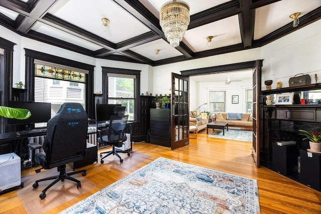 51 Naples, Brookline, MA 02446 - home office with coffered ceiling, wood finished floors, a chandelier, beam ceiling, and crown molding