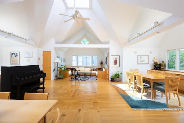 51 Naples, Brookline, MA 02446 - dining room featuring ceiling fan, high vaulted ceiling, and rail lighting