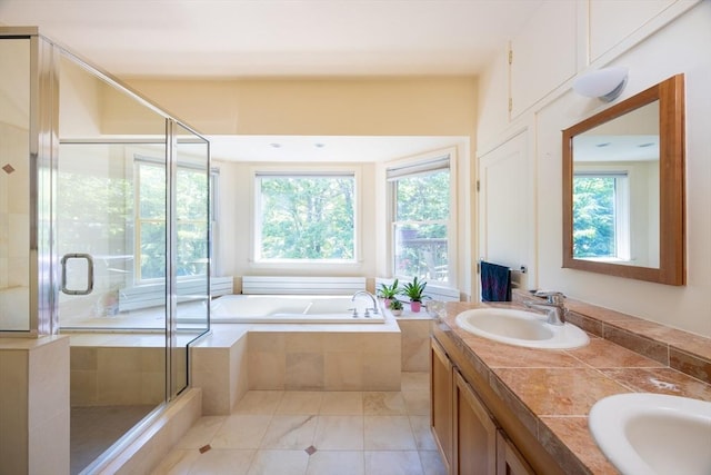51 Naples, Brookline, MA 02446 - bathroom featuring a bath, double vanity, and a stall shower