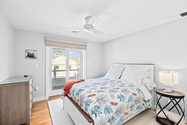 bedroom featuring access to exterior, visible vents, baseboards, ceiling fan, and light wood-style flooring