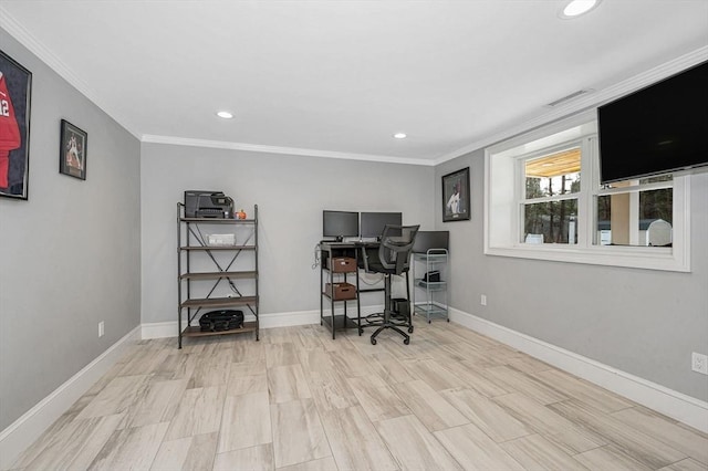 office space featuring crown molding and light hardwood / wood-style floors