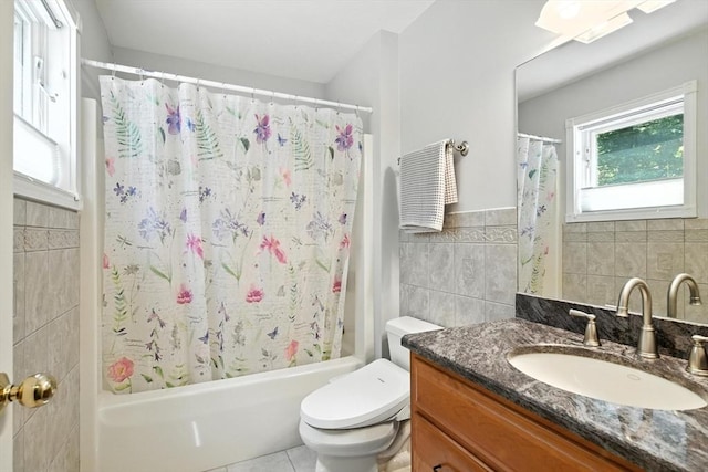 19 Hawthorn Rd, Amherst, MA 01002 - bathroom with vanity, tile walls, shower / tub combo, and tile patterned floors