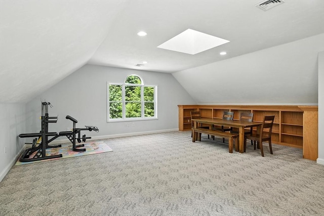 19 Hawthorn Rd, Amherst, MA 01002 - home office with a skylight, vaulted ceiling, carpet, and recessed lighting