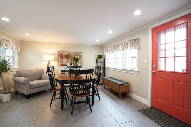 99 Edgehill Rd, Norwood, MA 02062 - dining space with crown molding, recessed lighting, and light tile patterned floors