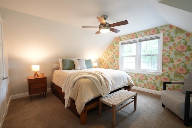 99 Edgehill Rd, Norwood, MA 02062 - carpeted bedroom featuring vaulted ceiling, a ceiling fan, and wallpapered walls