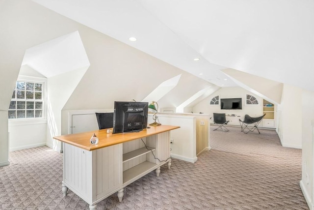 office space with light carpet, baseboards, vaulted ceiling, and recessed lighting